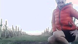 Busty saggy tit babe gets naked outdoors