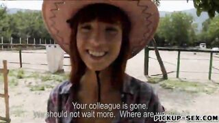 Cute cowgirl Tina Hot flashes her tits and banged for money