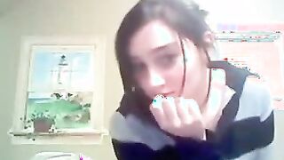 Pale busty big tit brunette teen rubs tight pussy