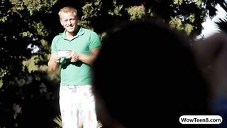 Cute teen slurps off hard dick for the first time outdoors