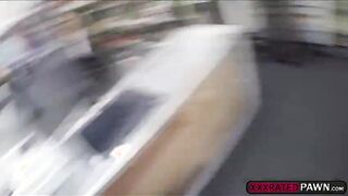 Hot stewardess sucks a cock at the pawnshops counter for cash