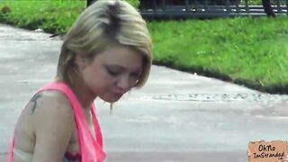 Stranded teen exposes tits and masturbates in front of a stranger