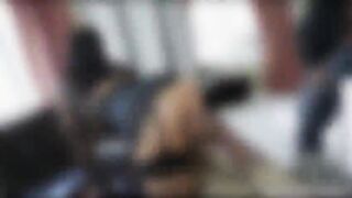 Two massive ebony cocks screws Amys tight hole and sprays sticky load