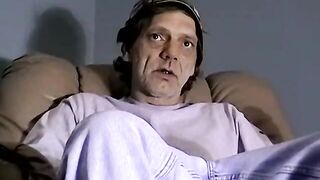 Horny mature stud eagerly tugging on his hard cock