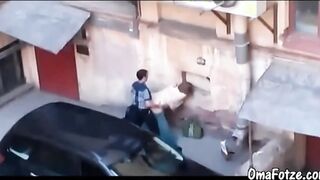 Man and chubby old mature fucking gard on public