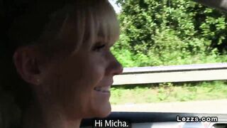 Lesbian girlfriends licking in the car