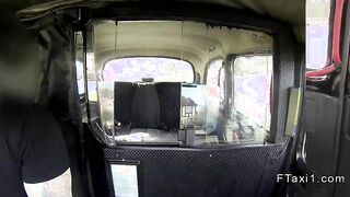 Ebony deep throats beside fake taxi