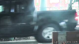 Teen giving blowjob in the car in public