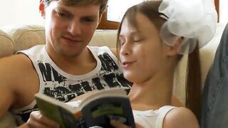 Busty teen fucking on the parents couch