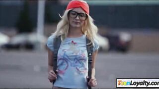 Tiny blond teen slut Piper Perri gives head and pussy rammed