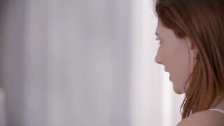 Two russian chicks play with strong man in the sofa