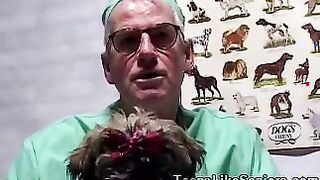 Innocent blonde teen kneels to suck her old doctors cock