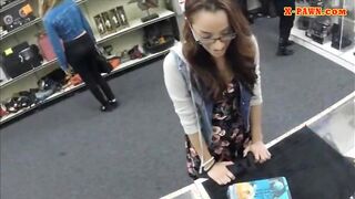 Coed in glasses sells books and pounded to earn extra money