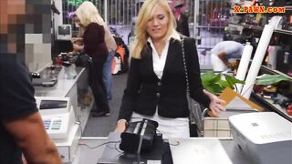 Blonde milf pawns her pussy and pounded in storage room