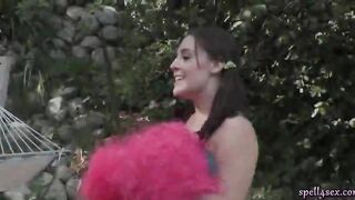 Horny cheerleader teasing huge dick