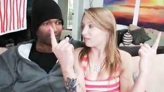 Cute teen deep throats and chokes on cock