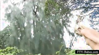 Lesbo teenies rubbing lusty snatches outdoor