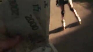 Rollergirl pulled by the hair as she gives BJ