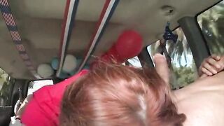 Sweet redhead blowing giant dick in the bus