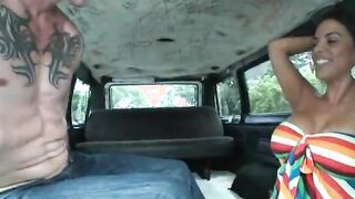 Curly brunette tit fucks and sucks huge dick