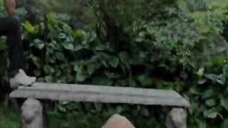 Luciane plays with her hairy pussy in the garden before her boyfriend fucks her