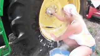 Huge titted blonde playing the car wash