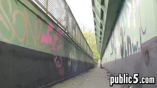 Naked Chick Walking On A Bridge