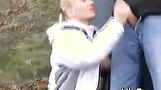 Blonde Stroking Cock Outside