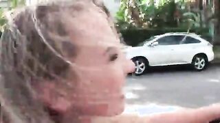 Naughty blonde rubbing her cunt in public