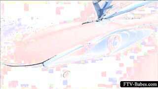 Sex doll teeny touching her petite boobs outside a car