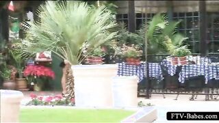 Brunette amateur minx stripping her undies in public