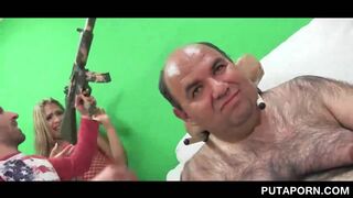 Blonde sex bomb in fishnet dress gets gangbanged