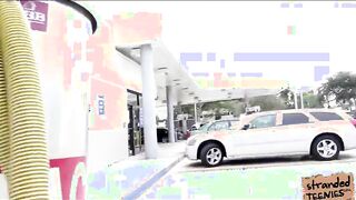 Teen Sadie shows her big tits for a ride and sucks the drivers dick