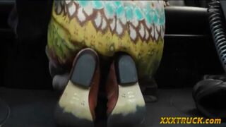 Cute redhead gives driver a sloppy BJ