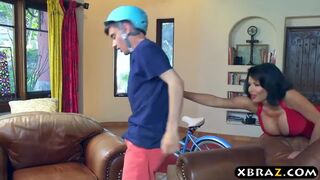 Neighborhood MILF squirts all over young guys big dick