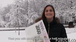 Eurobabe flashes her big boobs for money