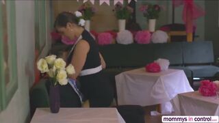 Cutie brunette Mea and  Milf Cathy gets fuck hard in threesome sex