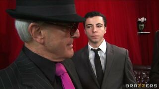 Slutty blonde and brunette whores share one hard cock