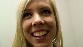 Busty young blonde teen gets fucked in mall dressing room, POV