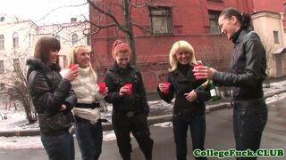 Topless college teens in group dancing