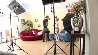 Horny stud gets a BJ then bangs a cute babe on the couch