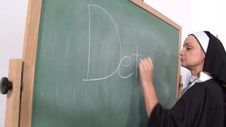 Slut eating nun's pussy on the table and fingering her cunt