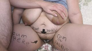 Cuckold husband started to jerk off his cock on big boobed BBW slut wife covered in cum and body writings! -Milky Mari