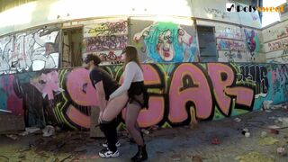 DOMINATING HUSBAND WITH STRAPON IN ABANDONED POOL. Cumshot