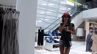 Risky amateur blowjob and facial in fitting room with Bershka