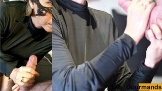 MILF sucks in black dress and gets cum on face