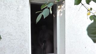 Outside – young neighbor watches Milf taking Shower