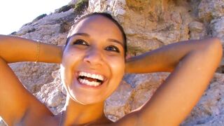 Big titted babe with hairy pussy fuck stranger on beach