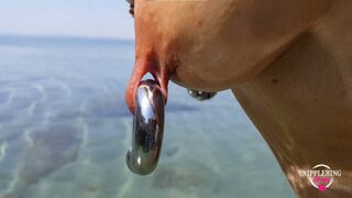 nippleringlover horny milf extreme pierced nipples and pussy, changing nipple rings at public beach