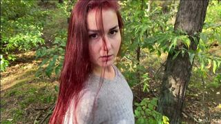 Redhead wife sucks cock in the forest and swallow. KleoModel